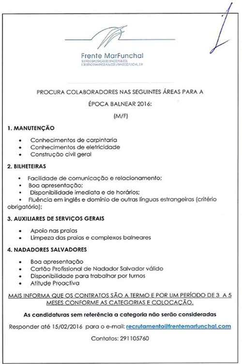 Anúncio de Emprego Frente MarFunchal