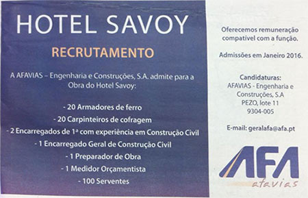 Anúncio da Oferta de Emprego para Trabalhar nas Obras do Hotel Savoy, publicado no Diário de Notícias