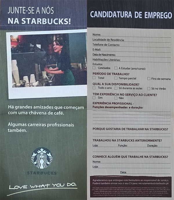 Formulário de candidatura loja Starbucks